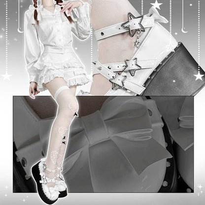 Star Buckles Polished White Platforms Silver-tone Studs Bow at Top