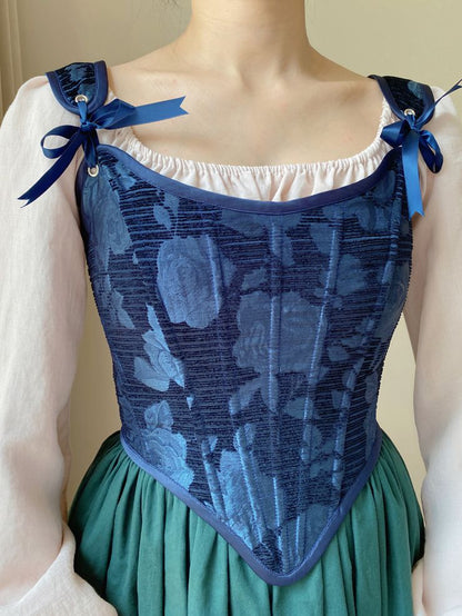 Dark Blue Scoop Neckline Corset with Floral Pattern