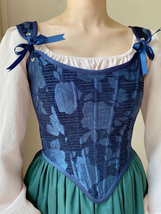 Dark Blue Scoop Neckline Corset with Floral Pattern