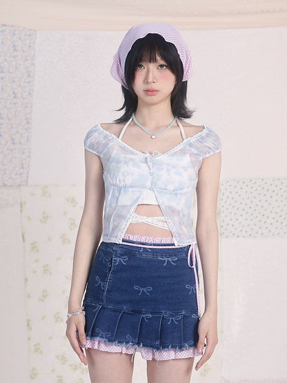 Blue Floral Print V-neck Top Lace Trim