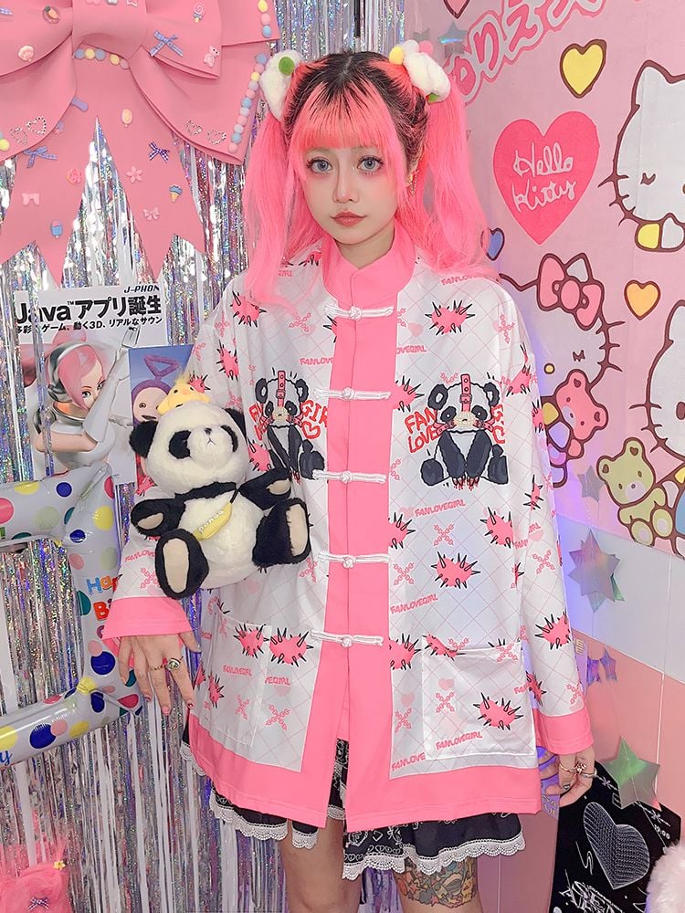 White/Black Panda Print Knot Buttons Banded Collar Jacket