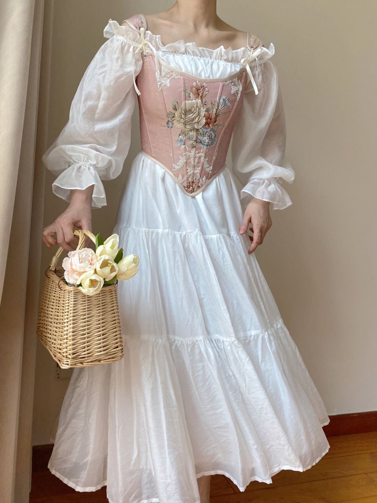 White Off-the-shoulder Neckline Vintage Dress with Flounce Hem