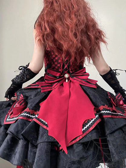 Black and Red Bat and Cross Embroidery Gothic Lolita JSK Zip Front and Buckle Side