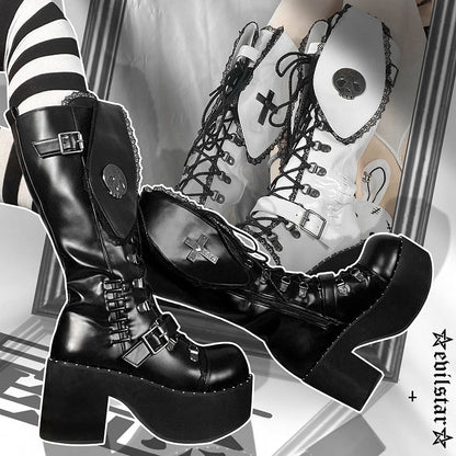 Clearance-Size 37 Bad Bunny Lace Trim Bunny Ears Design Black PU Gothic Lolita Platforms Boots