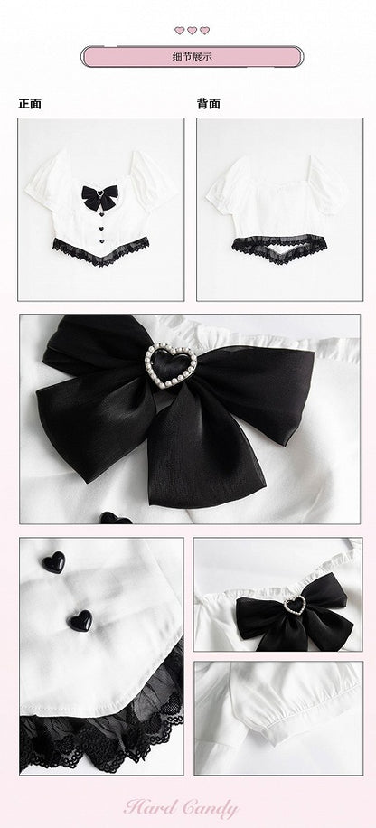 Plus Size-White Puff Sleeves Blouse + Tiered Skirt and Flounce Hem Skirt