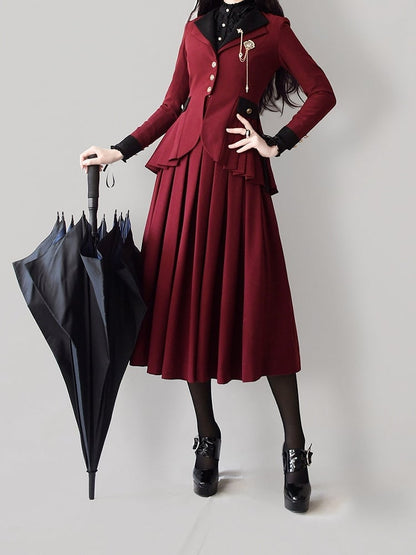 Plus Size Friendly-Wine Red Pleating Details Blazer + Skirt Vintage Set