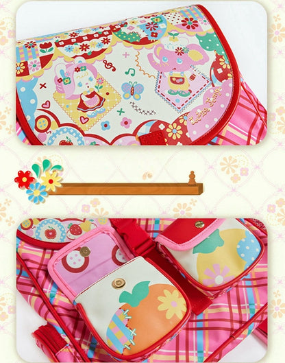 Magic Restaurant Floral and Cartoon Elephant Print PU Red Plaid Backpack
