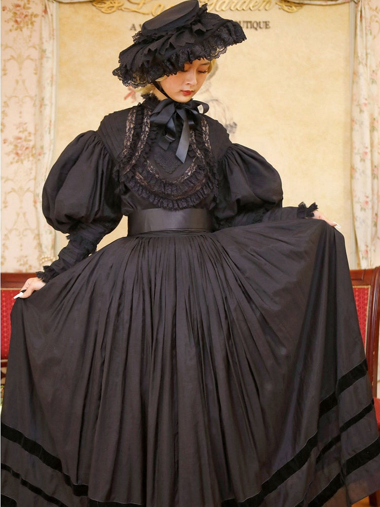 Black Leg-of-Mutton Sleeves Vintage Lace Blouse and Black Skirt Long Version Set