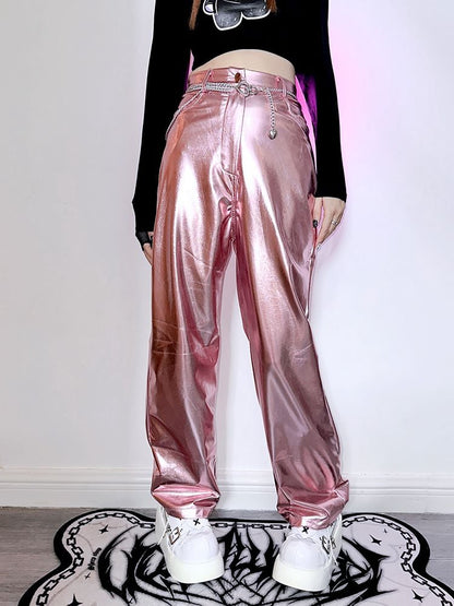 Futuristic Cyberpunk Y3K Metallic Silver/Rose Red/Blue/Green PU Pants