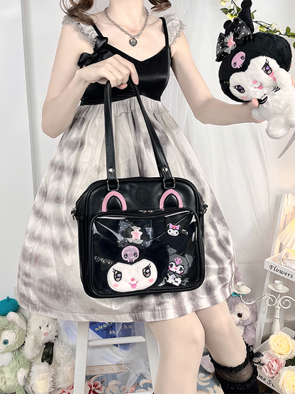 Kitty Ears Design Black and Pink PU Square Ita Bag