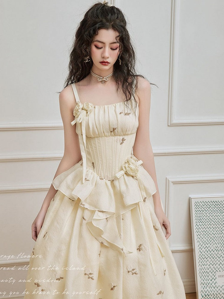 Light Yellow Floral Pattern Boned Bodice Jumper Skirt with Rosette Brooches Long Version