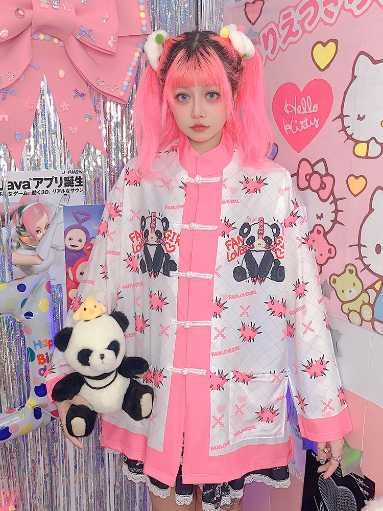 White/Black Panda Print Knot Buttons Banded Collar Jacket