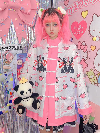 White/Black Panda Print Knot Buttons Banded Collar Jacket