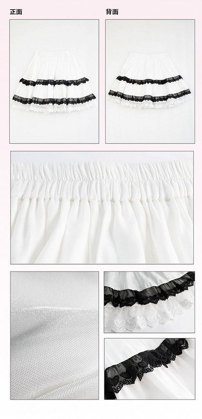 Plus Size-White Puff Sleeves Blouse + Tiered Skirt and Flounce Hem Skirt