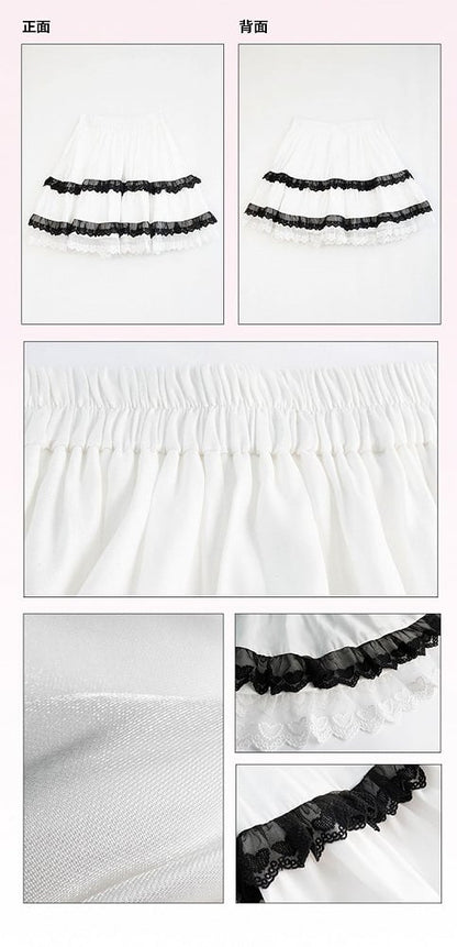 Plus Size-White Puff Sleeves Blouse + Tiered Skirt and Flounce Hem Skirt