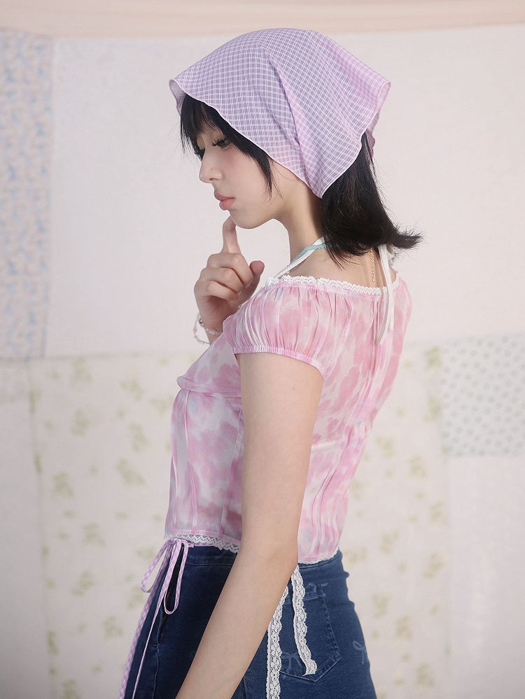 Pink Floral Print V-neck Top Lace Trim