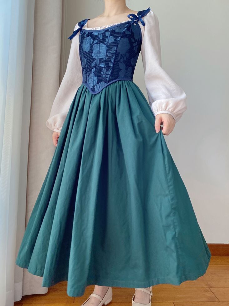 Dark Blue Scoop Neckline Corset with Floral Pattern