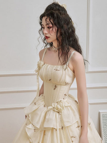 Light Yellow Floral Pattern Boned Bodice Jumper Skirt with Rosette Brooches Long Version