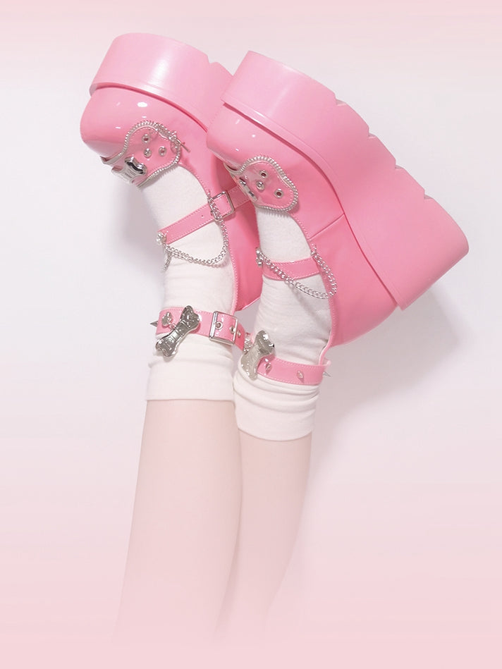 Metal Bones Decorated Pink Platforms Punk Shoes Studs Chain Design