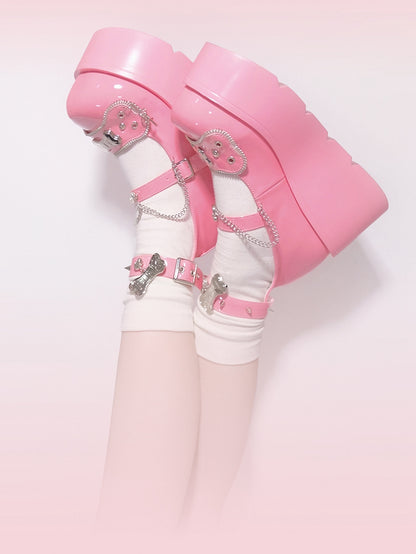 Metal Bones Decorated Pink Platforms Punk Shoes Studs Chain Design