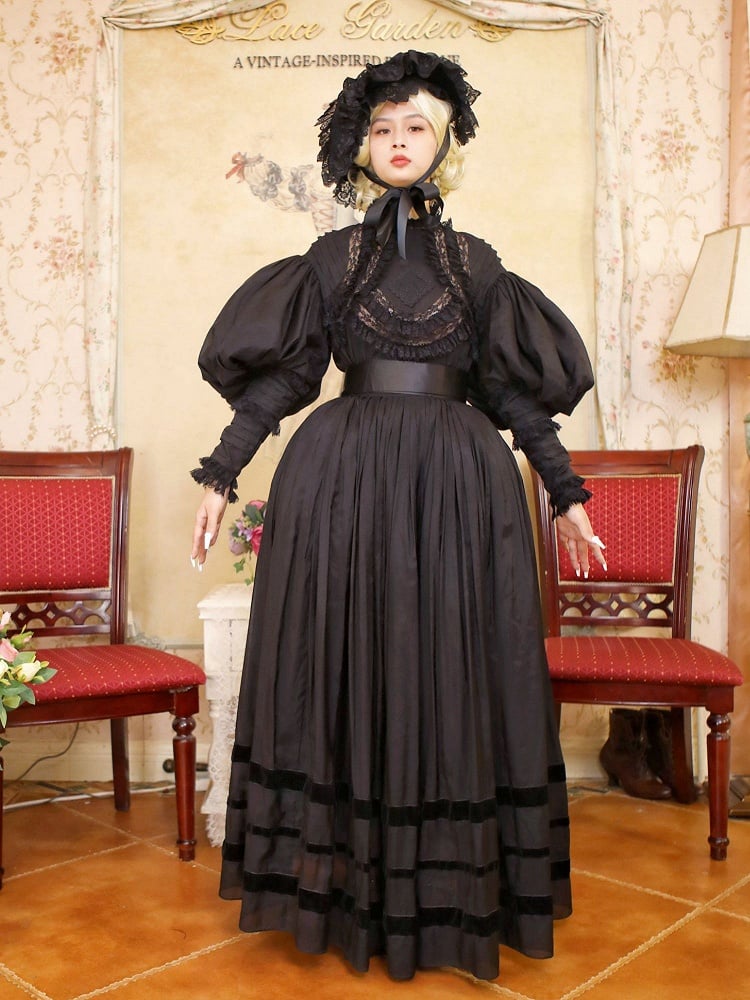 Black High Neck Leg-of-Mutton Sleeves Vintage Lace Blouse