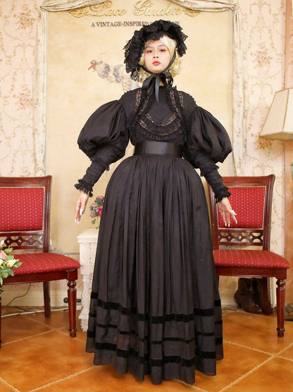Black High Neck Leg-of-Mutton Sleeves Vintage Lace Blouse