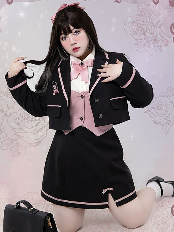 Plus Size - Rose Knight Apricot Shirt+Black Waistcoat+Black Blazer+Black Skirt Set
