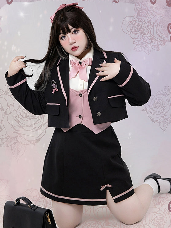 Plus Size - Rose Knight Apricot Shirt+Black Waistcoat+Black Blazer+Black Skirt Set