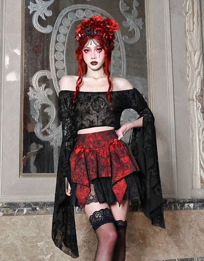 Cross Romantic Goth Top Black Lace Flounce Sleeves Cropped Top