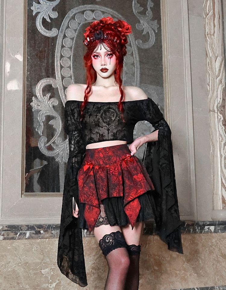 Cross Romantic Goth Top Black Lace Flounce Sleeves Cropped Top