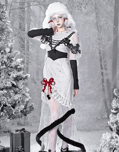Gothic Christmas Dress Snowflake Print Mermaid Skirt with Plush Hem