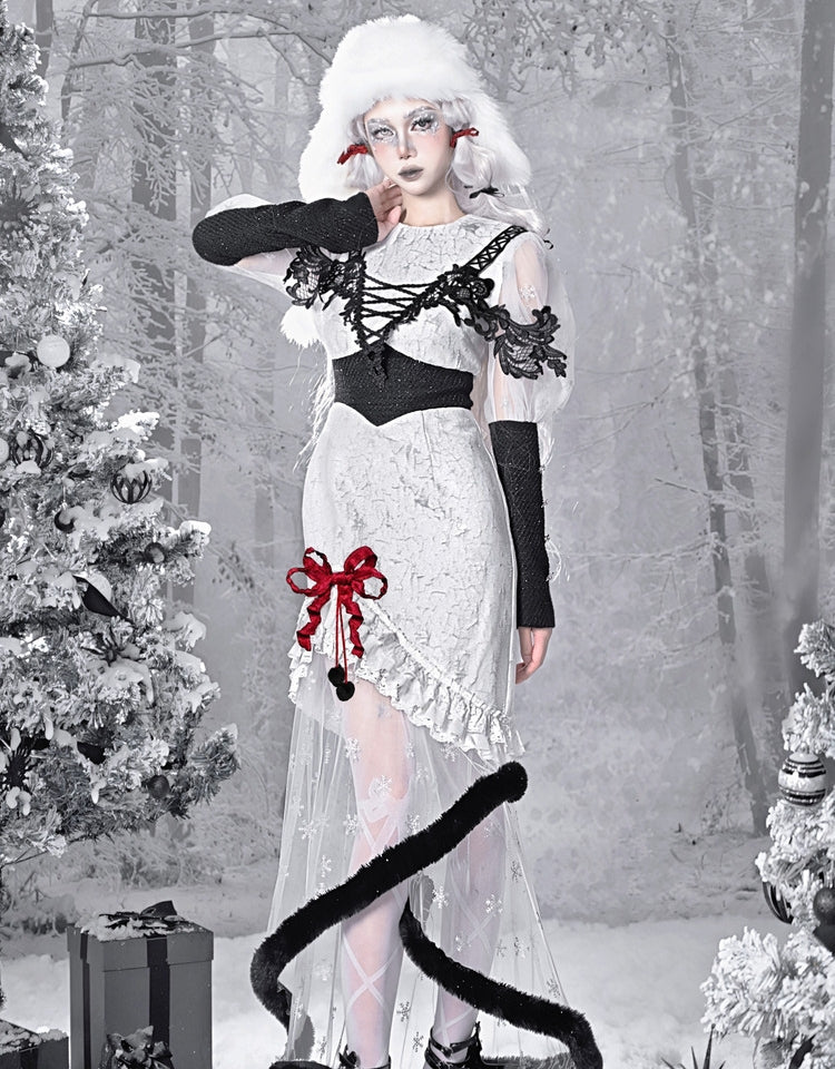 Gothic Christmas Dress Snowflake Print Mermaid Skirt with Plush Hem