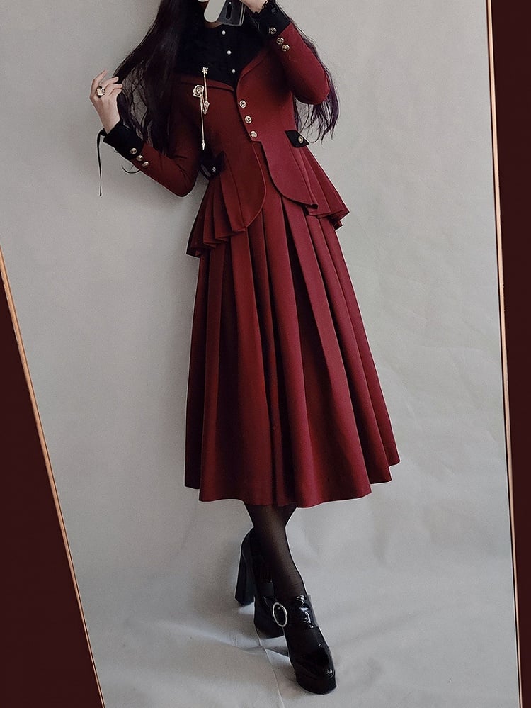 Plus Size Friendly-Wine Red Pleating Details Blazer + Skirt Vintage Set