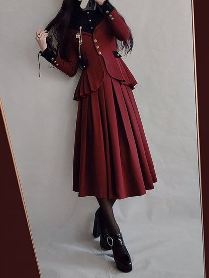 Plus Size Friendly-Wine Red Pleating Details Blazer + Skirt Vintage Set