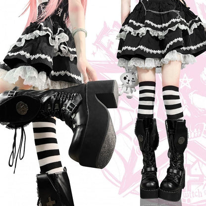 Clearance-Size 37 Bad Bunny Lace Trim Bunny Ears Design Black PU Gothic Lolita Platforms Boots