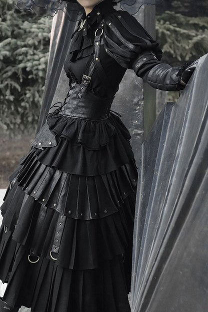 Black Gothic Lolita Under Bust Corset High Waist Layered Pleated Skirt with Shoulder Straps