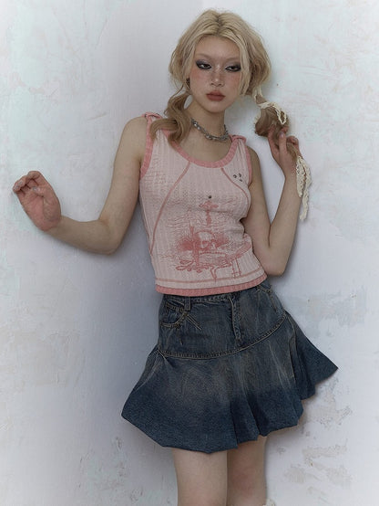 Punk Skull Print Pink Knitted Tank Top