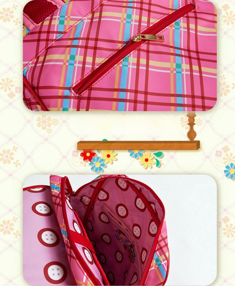 Magic Restaurant Floral and Cartoon Elephant Print PU Red Plaid Backpack