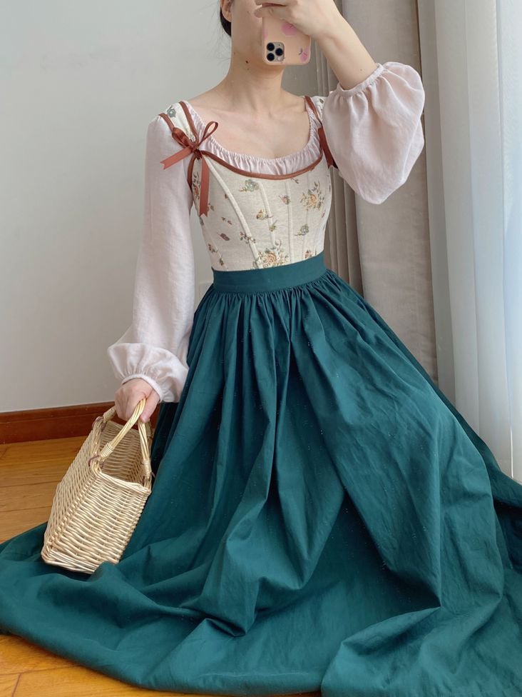 Beige Scoop Neckline Corset with Floral Pattern