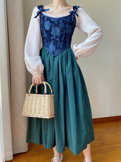 Dark Blue Scoop Neckline Corset with Floral Pattern