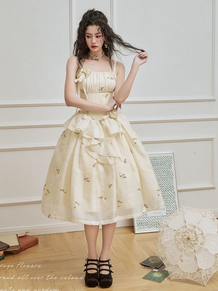 Light Yellow Floral Pattern Boned Bodice Jumper Skirt with Rosette Brooches Long Version