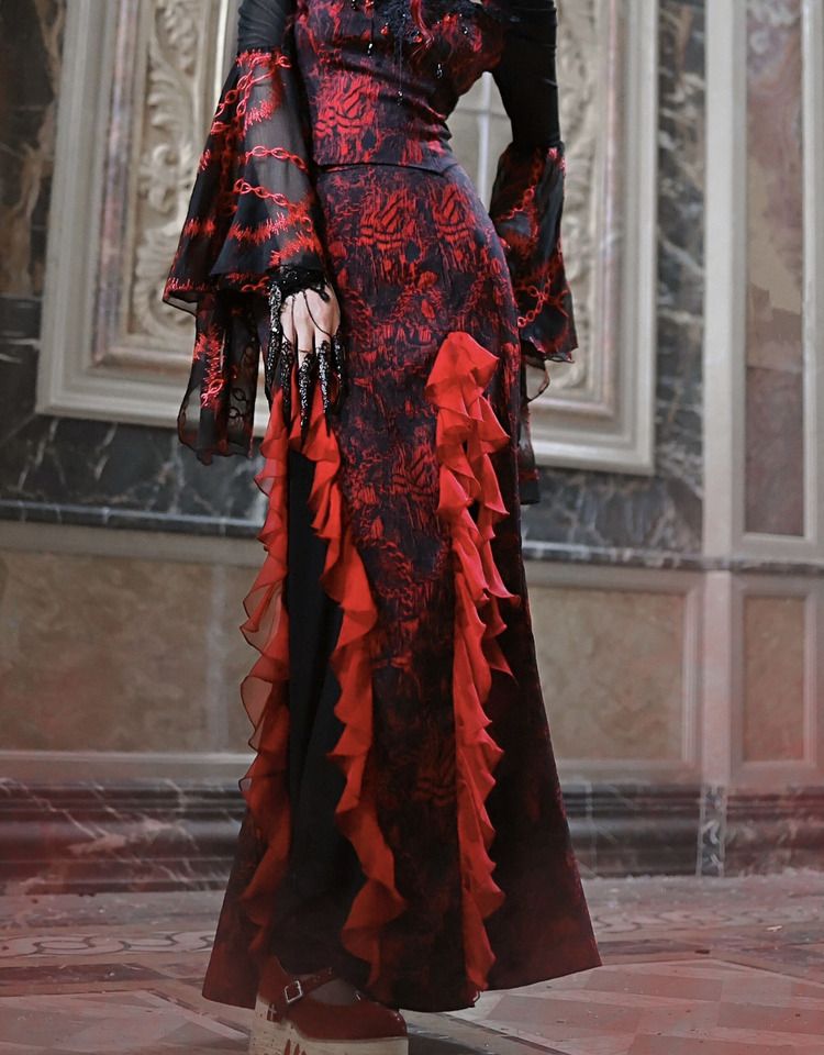 Romantic Goth Jacquard Mermaid Skirt Cascading Ruffle Trim Vampire Outfits