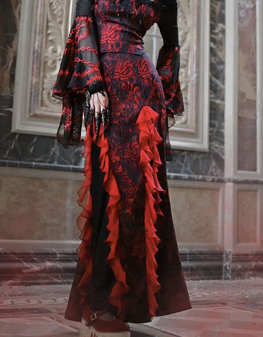 Romantic Goth Jacquard Mermaid Skirt Cascading Ruffle Trim Vampire Outfits