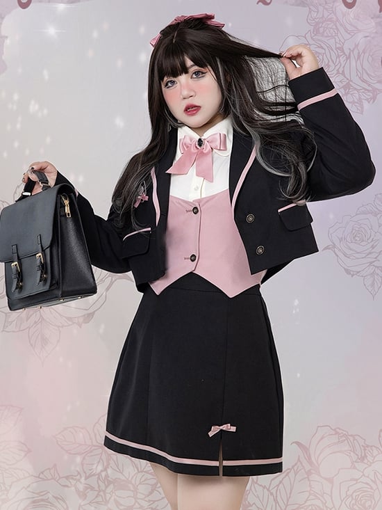 Plus Size - Rose Knight Apricot Shirt+Black Waistcoat+Black Blazer+Black Skirt Set