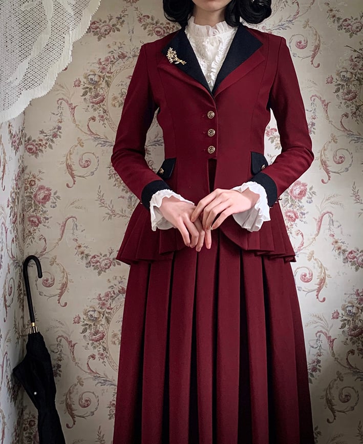 Plus Size Friendly-Wine Red Pleating Details Blazer + Skirt Vintage Set