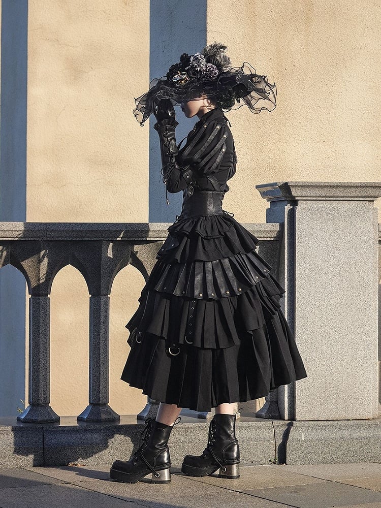 Black Gothic Lolita Under Bust Corset High Waist Layered Pleated Skirt with Shoulder Straps