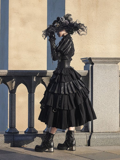 Black Gothic Lolita Under Bust Corset High Waist Layered Pleated Skirt with Shoulder Straps
