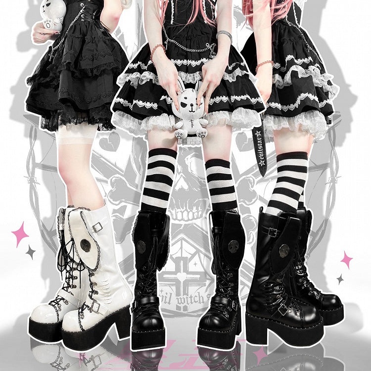 Bad Bunny Lace Trim Bunny Ears Design Punk White PU Gothic Platform Boots