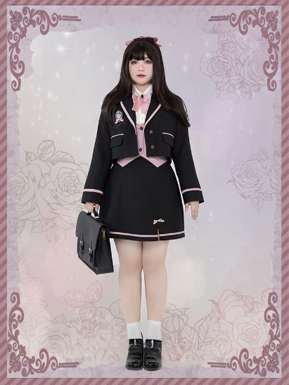 Plus Size - Rose Knight Apricot Shirt+Black Waistcoat+Black Blazer+Black Skirt Set