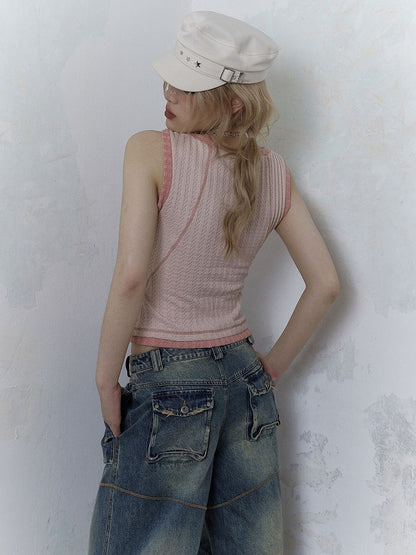 Punk Skull Print Pink Knitted Tank Top